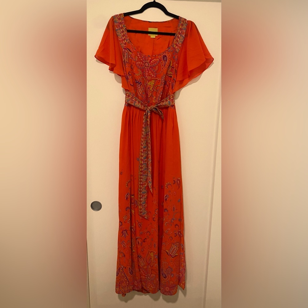 Anthropologie Orange Maxi Dress with Paisley Pattern